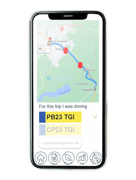 Screenshot of The Green Insurer app showing how to change which vehicle a trip is assigned to.