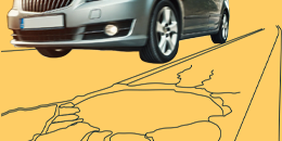 Illustration of a pothole with a car driving past.