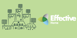 Illustration of homes with solar panels with the Effective Energy logo.