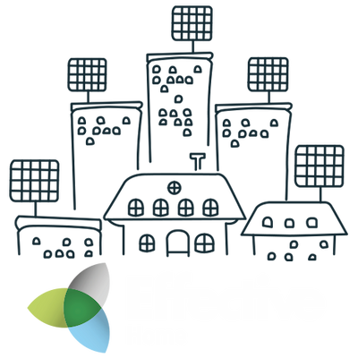 Illustration of homes with solar panels with the Effective Energy logo.