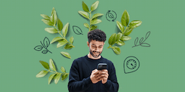 Customer on phone surrended by leaves and illustrated leaves