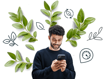 Customer on phone surrounded by leaves and illustrated leaves