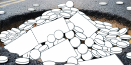 A pothole with illustrated coins and notes coming out of it