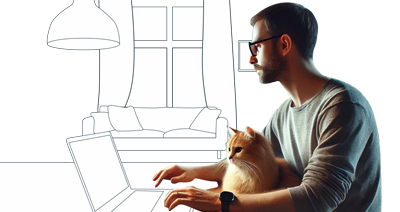 Person sat in their front room working remotely with a cat on their lap.