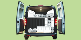 Picture of a van with illustrations of camping equipment in the back of the van